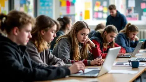 Uk teenagers northern ireland classroom using laptops teacher observing