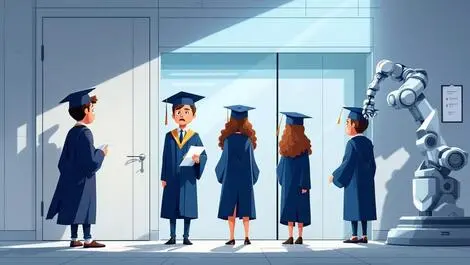 Worried uk graduates in gowns standing before closed office doors with robotic arm handling paperwork